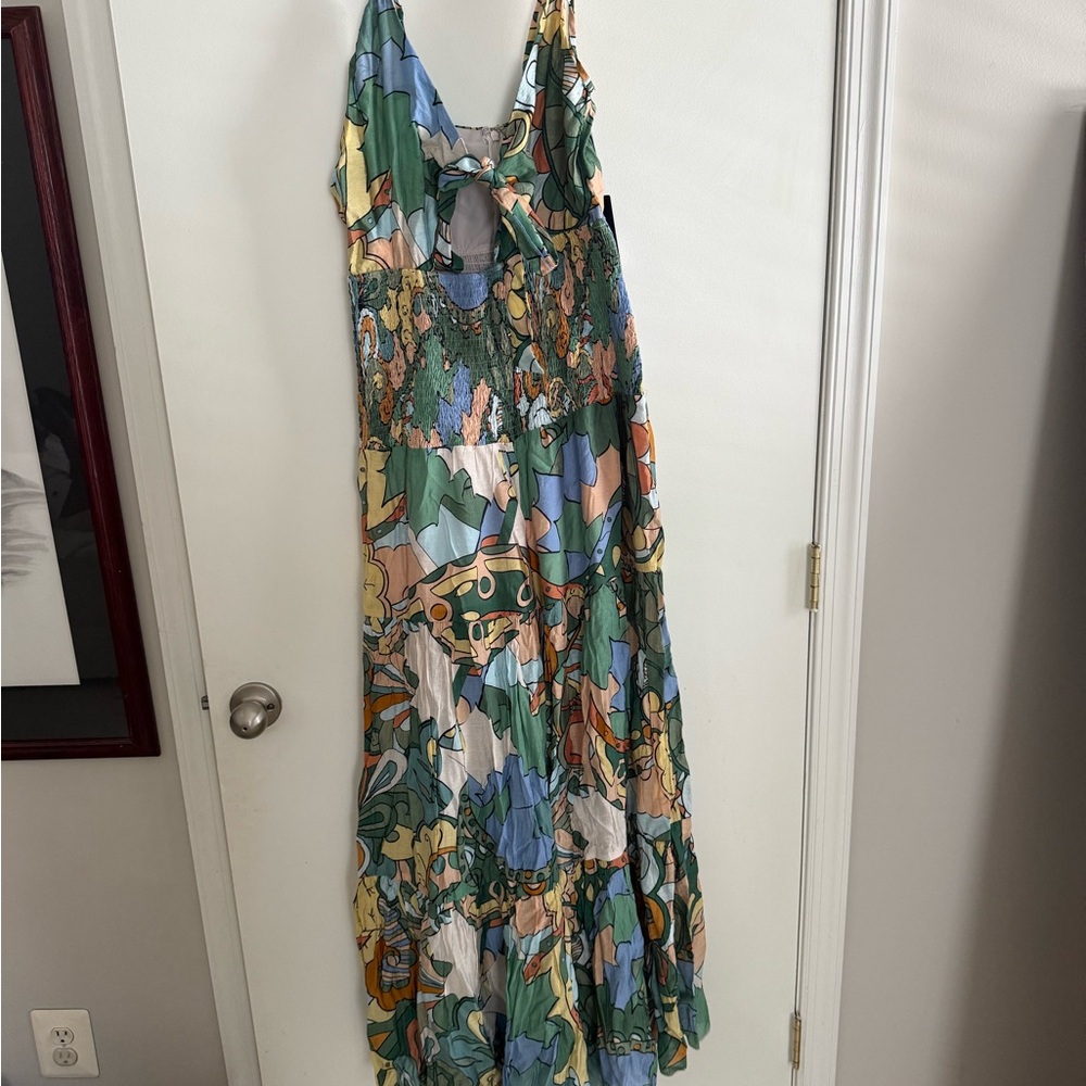 Fashion Nova Green and Blue Patterned Maxi Jumpsuit